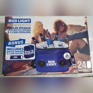 Bud Light Bluetooth blue cooler speaker with bottle opener and 2 can coolers new
